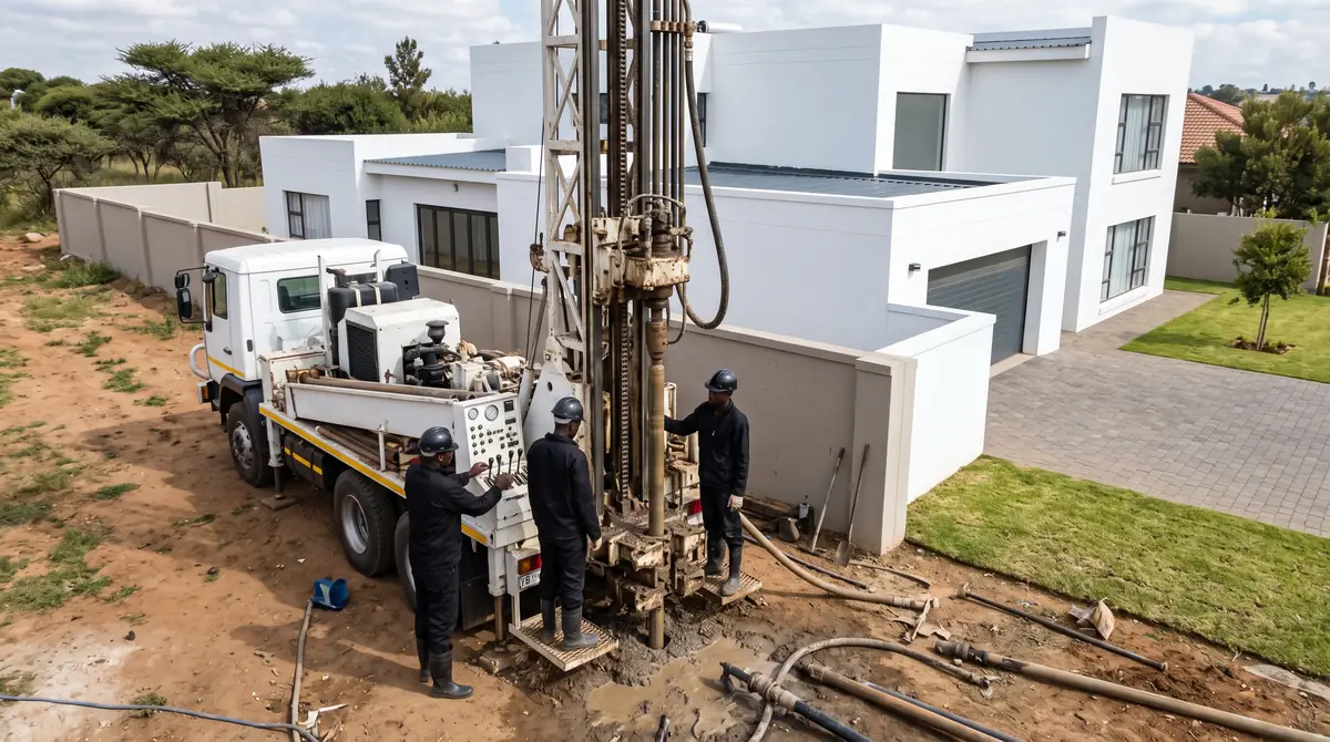 Borehole Installation South Africa - drilling crew operating a truck-mounted borehole rig beside a newly built white house in South Africa Borehole Installation South Africa - drilling crew operating a truck-mounted borehole rig beside a newly built white house in South Africa